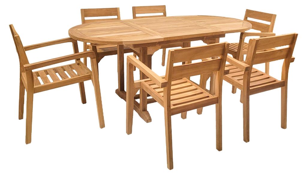 Endorphin Gartenmöbel Set 7tlg. Teakholz, Tisch oval 180cm, ausziehbar mit 6 Stühlen stapelbar