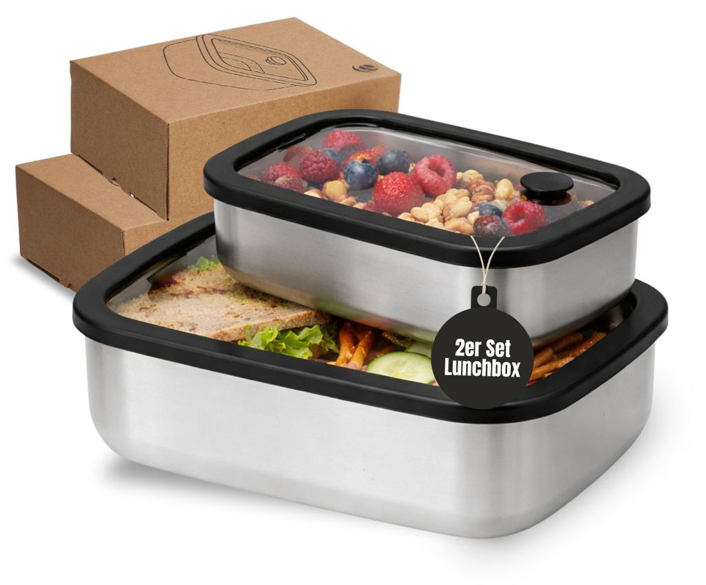 Lunchbox Edelstahl mit Glasdeckel 1100 ml - auslaufsichere Brotdose aus Edelstahl - Lunchbox für Kinder & Erwachsene - 2er Set