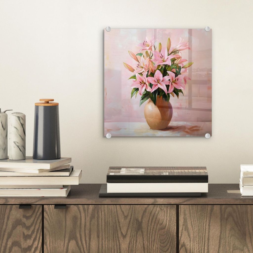 MuchoWow Glasbilder - Bilder auf Wandbild - Foto auf Glas Vase - Blumen - Rosa 40x40 cm Wanddekoration aus Glas - Acrylglasbild - Acrylbilder