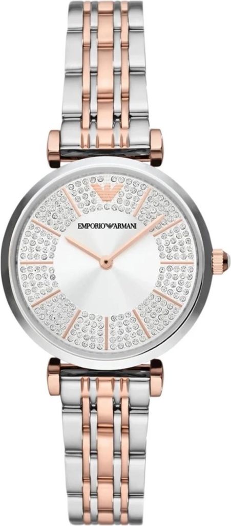 A close-up, studio shot of a women's Emporio Armani watch.
