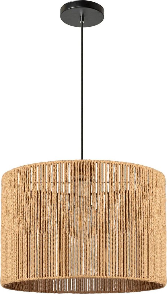 A pendant light with a woven shade.