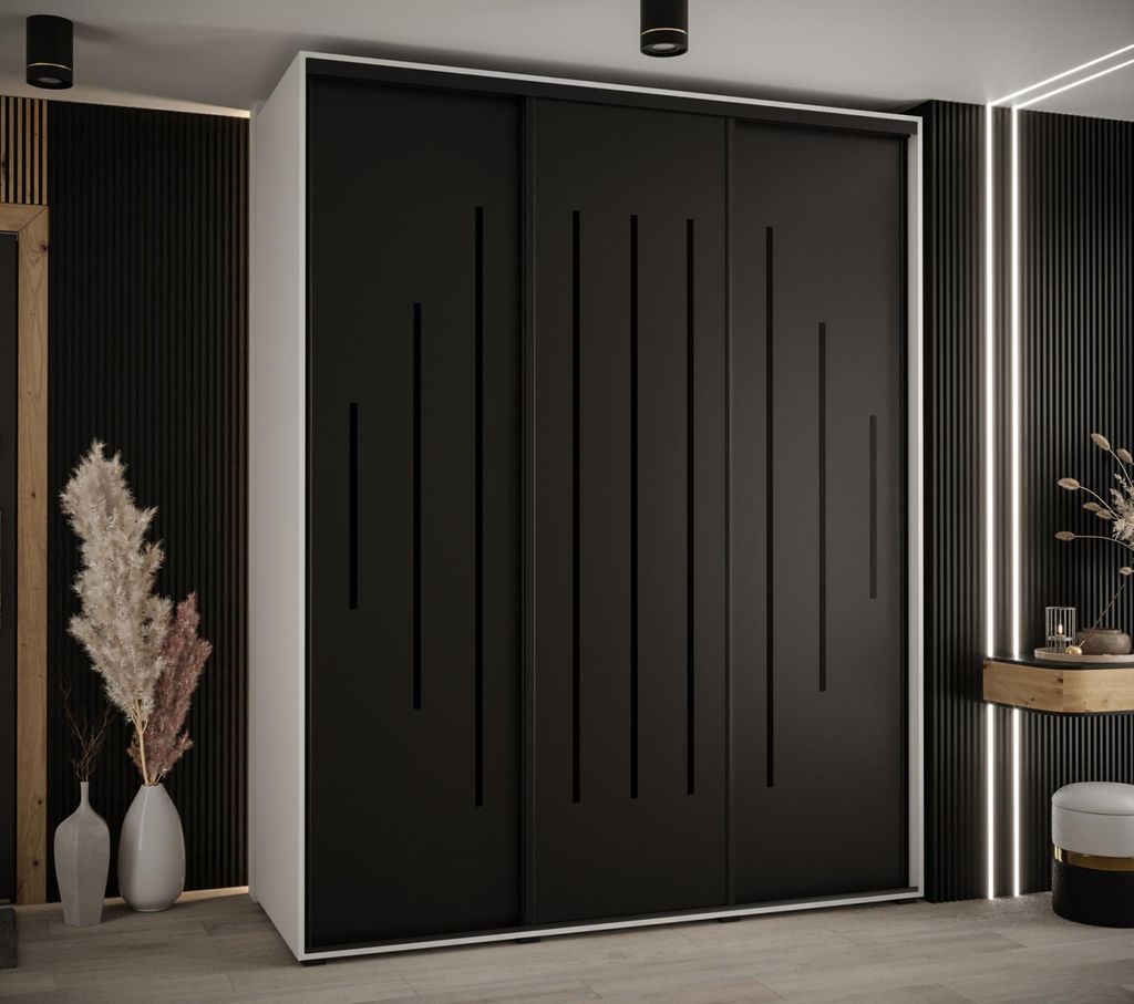 Kleiderschrank YVONA 12 - 200/60 cm, weiß/schwarz/schwarz