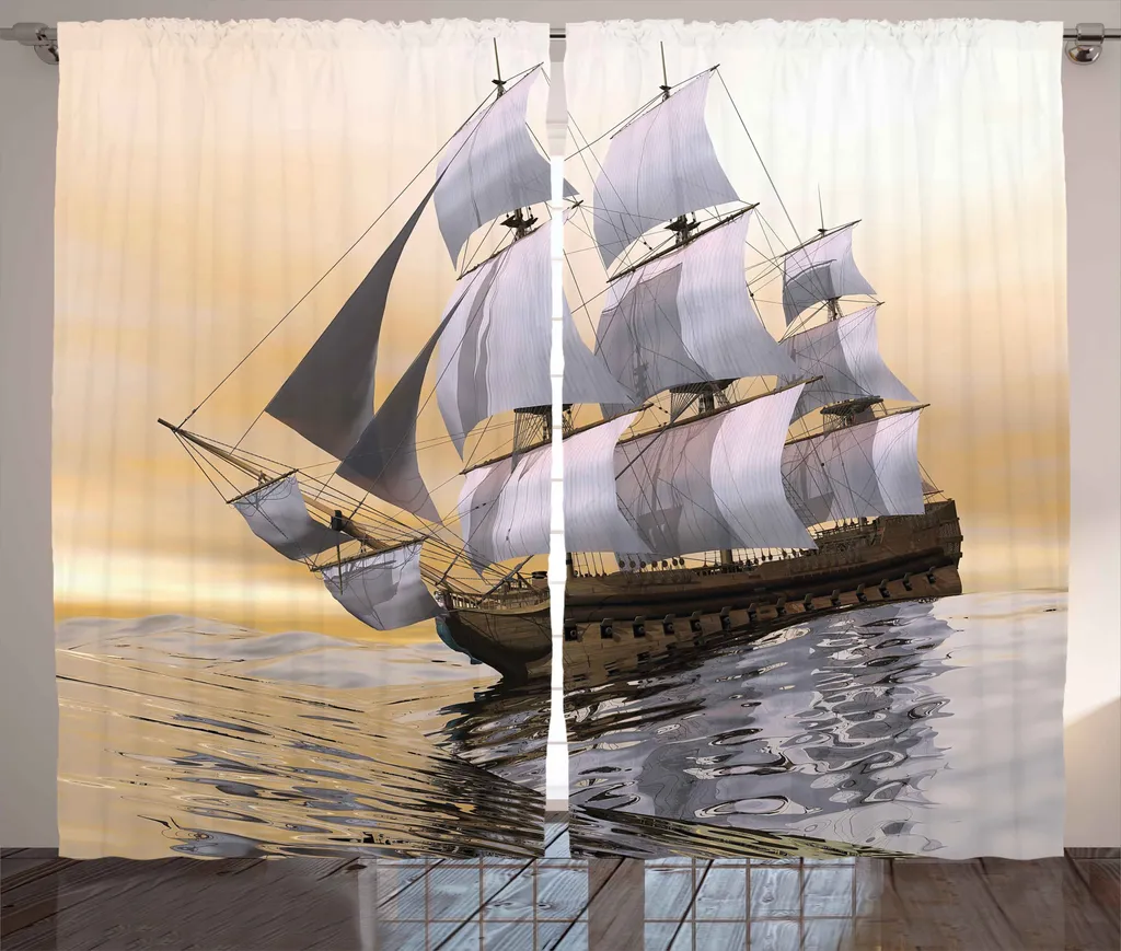 Rideau rustique maritime ABAKUHAUS 280 x 225 cm avec bateau sur l'océan