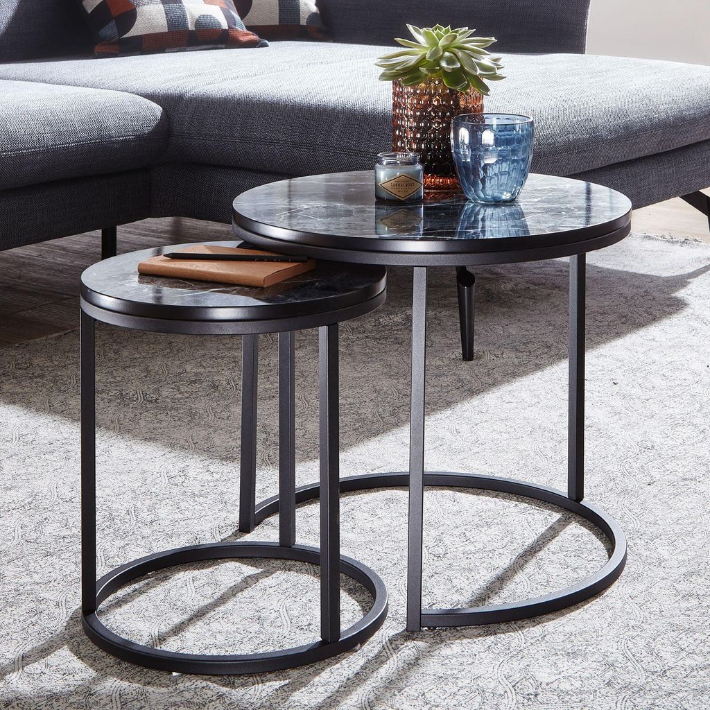 WOHNLING Design Beistelltisch 2er Set Schwarz Marmor Optik Produktbild 