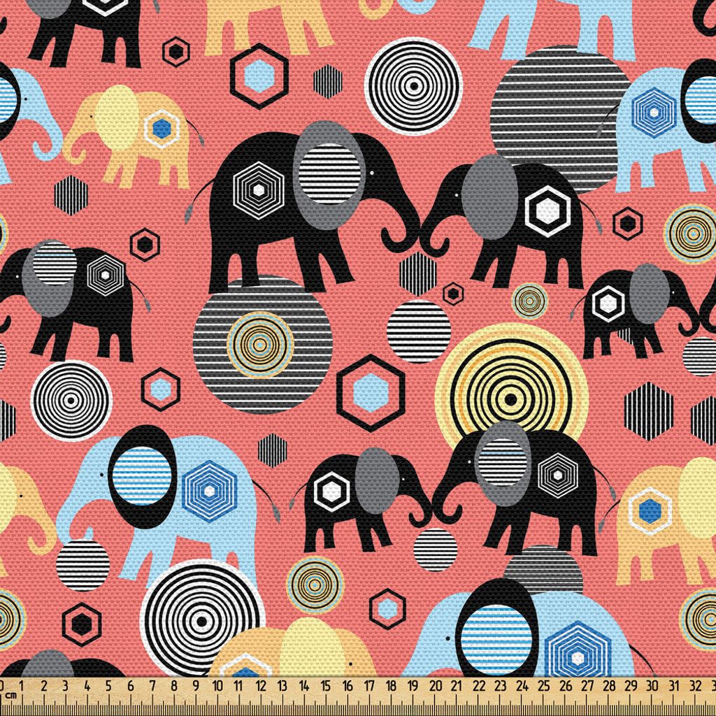 ABAKUHAUS Elefant Gewebe als Meterware, Ethnisches modernes asiatisches Kunst-Muster für Elefant-Liebhaber-kreisförmige sechseckige Elemente, 3 M...