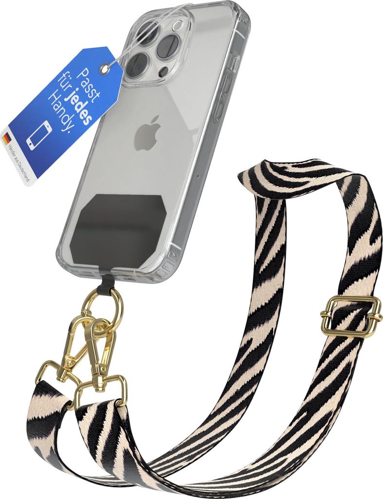 EAZY CASE - Handykette Universal Pad zum Umhängen, kompatibel mit jedem Handy, Kette mit Hülle, Handyband Zebra Style in Beige