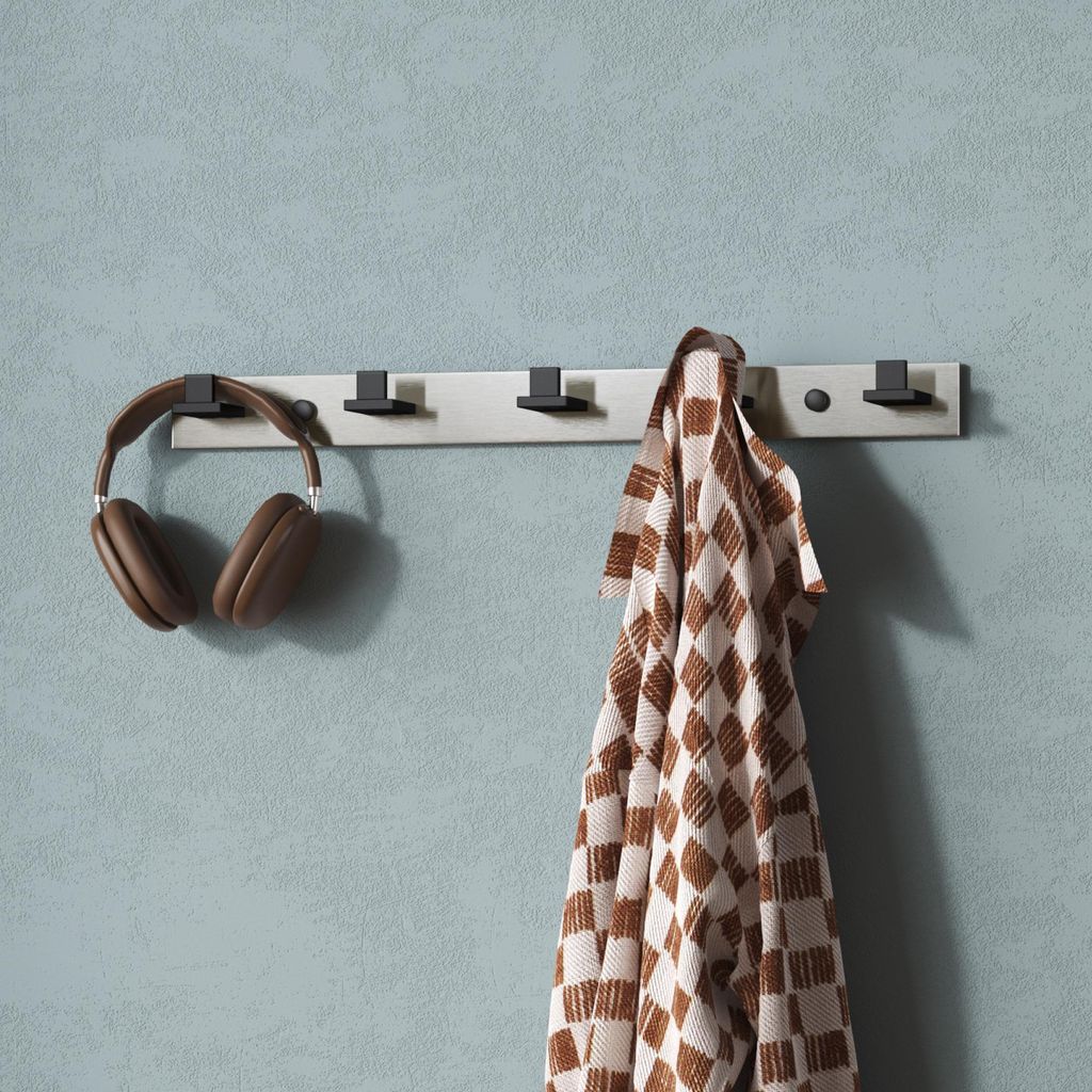 Mai & Mai Kleiderhaken Wandgarderobe Wandhaken aus Edelstahl mit 5 Haken Garderobenleiste Garderobenhaken 46cm Matt schwarz + Nickel gebürstet Sta...