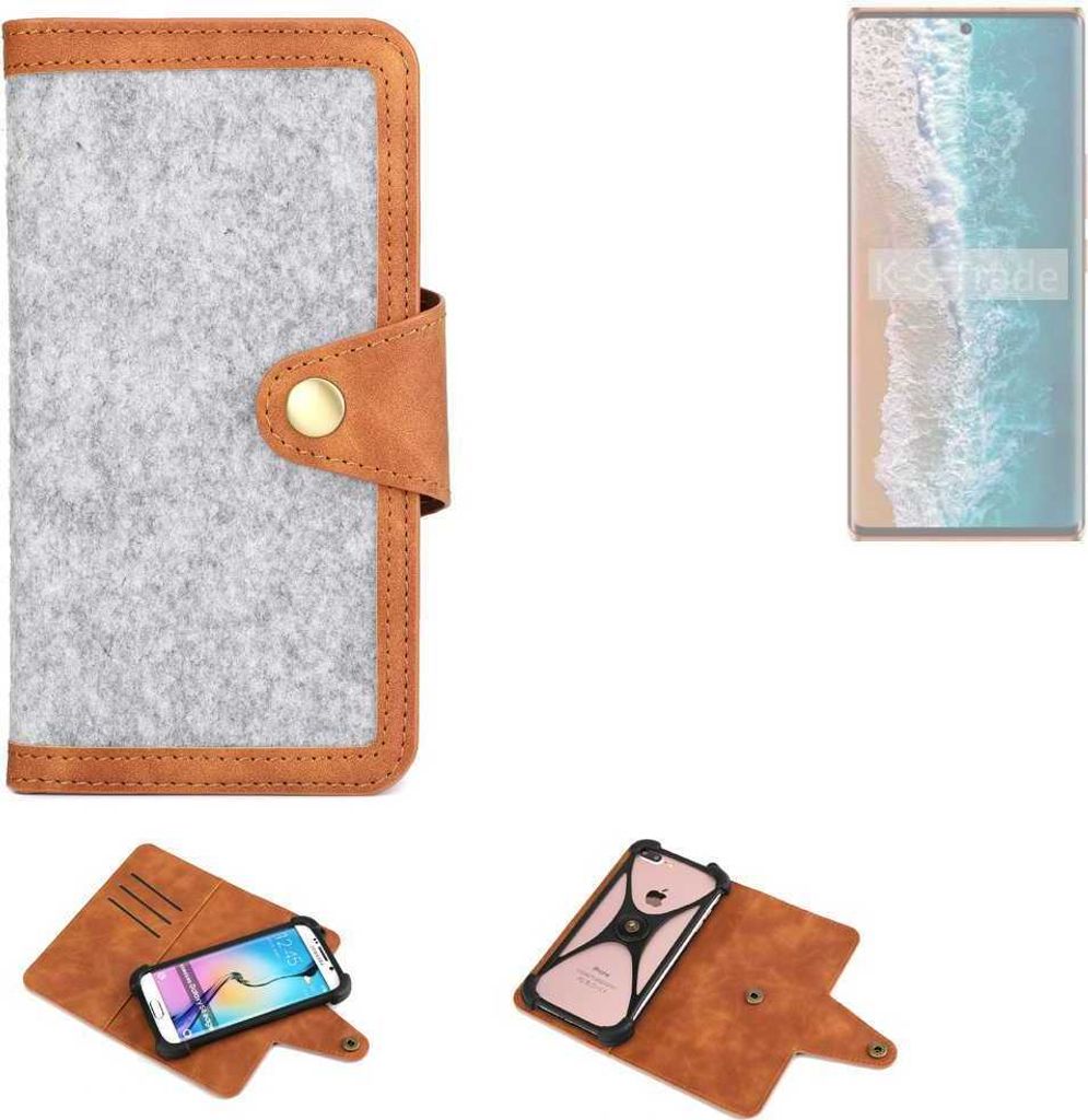 K-S-Trade Handyhülle kompatibel mit Tecno Phantom X2 Pro Schutzhülle Filz-Hülle Kunst-Leder hellgrau braun (1x)
