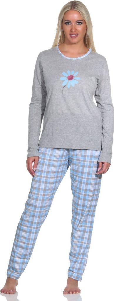 Damen Pyjama langarm, Schlafanzug mit Karo-Muster - 112 201 10 733 ; hellblau , 40/42