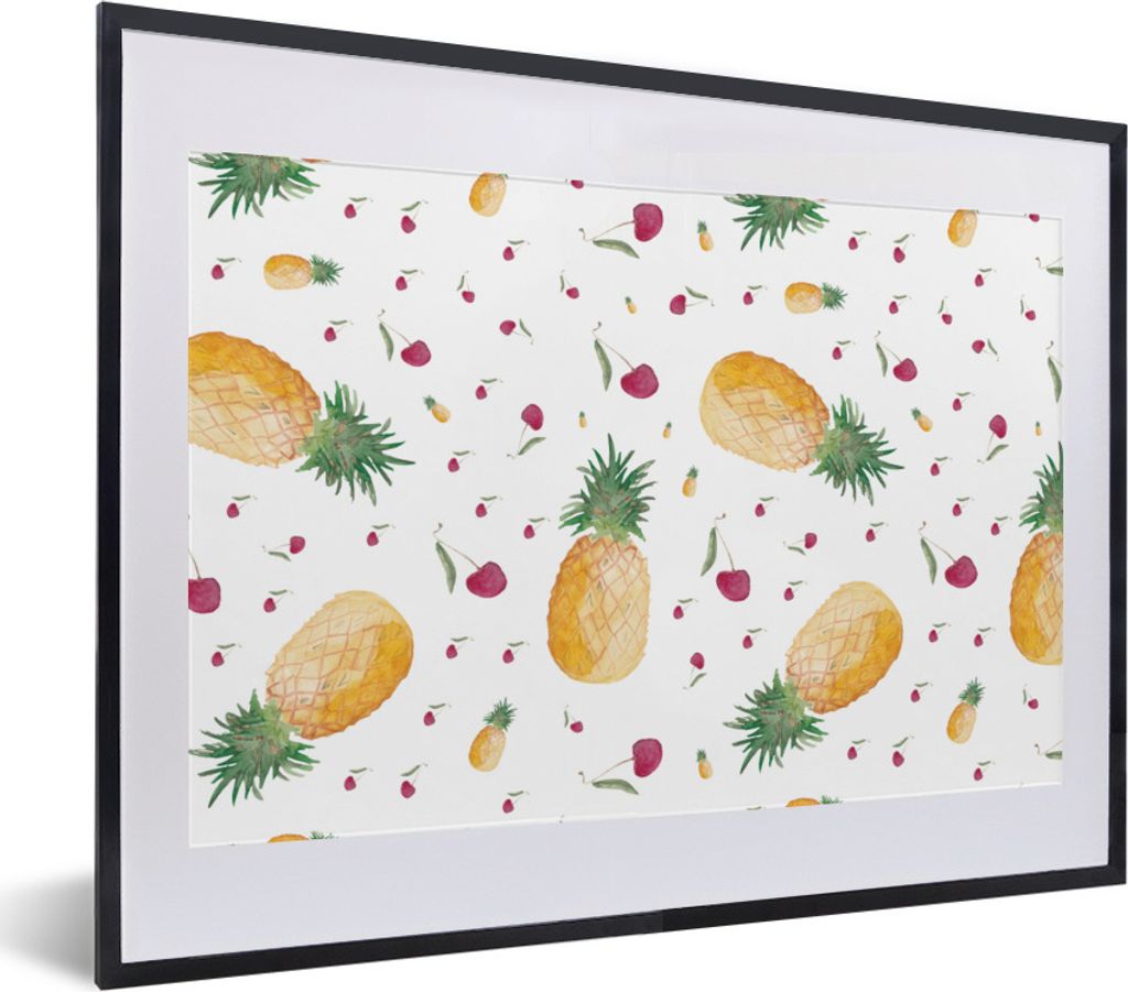 MuchoWow Gerahmtes Poster Obst - Aquarell - Weiß 40x30 cm - Poster mit Schwarzem Bilderrahmen Wandposter Rahmen Foto Bilder - Bilderrahmen - Pos...