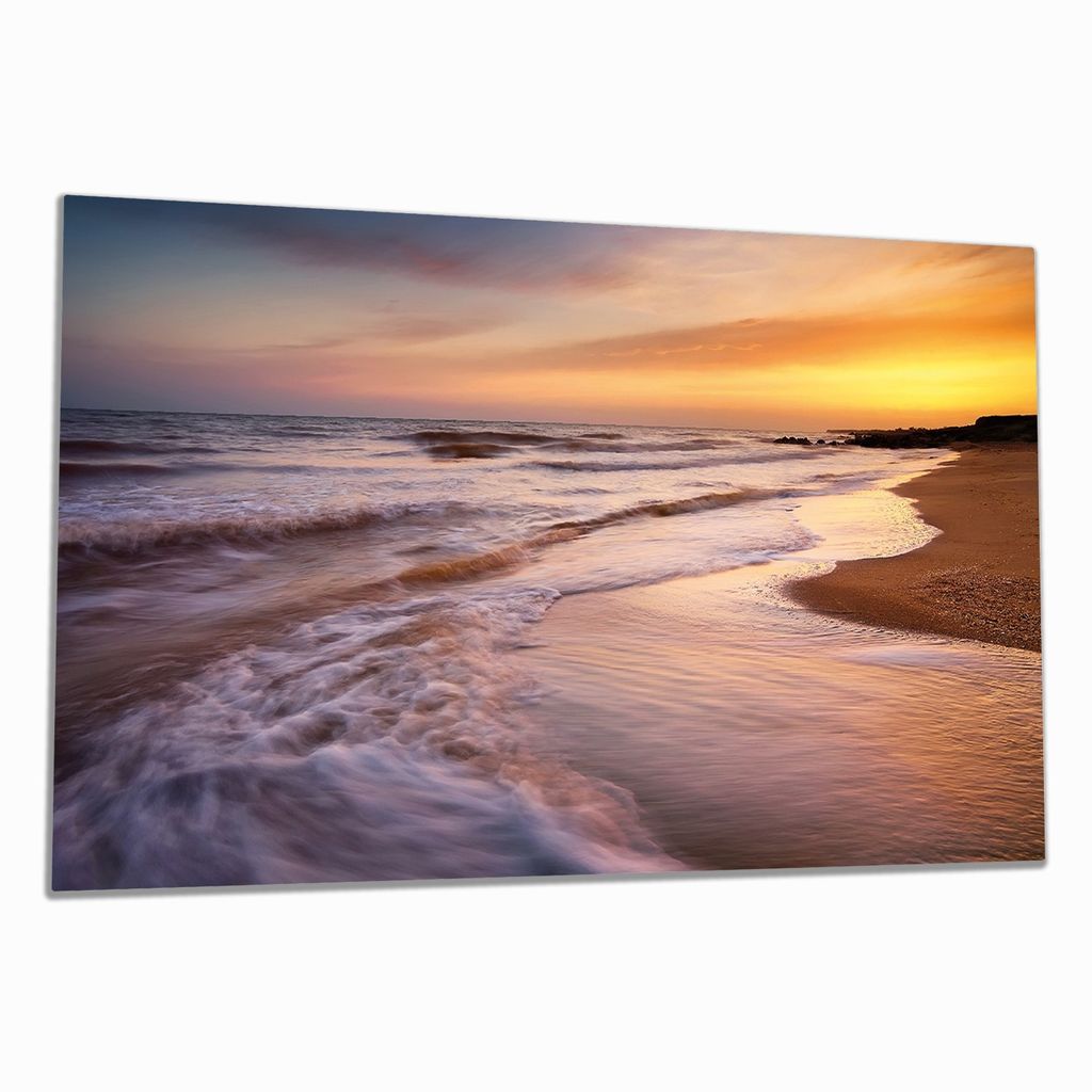 Wallario Herdabdeckplatte aus Glas, Größe 90 x 52 cm 1-teilig, Motiv Sonnenuntergang am Strand - Abendspaziergang