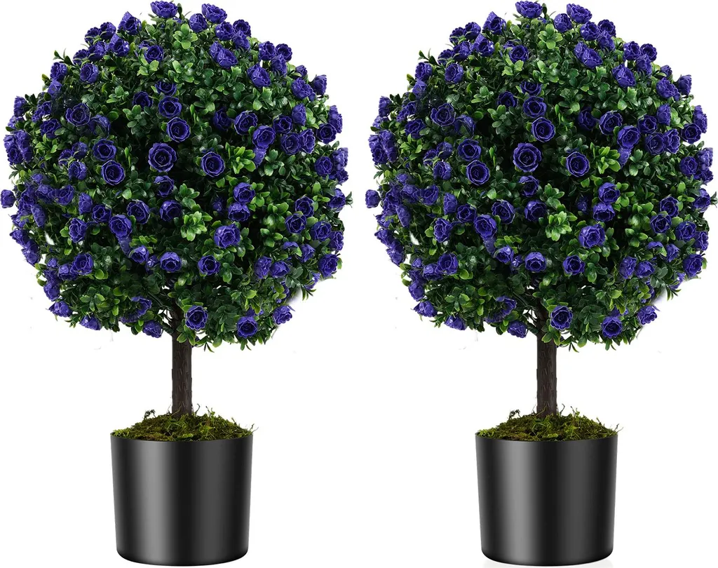 COSTWAY Lot de 2 Buis Artificiels 55cm avec Roses Lilas et Pots Noirs