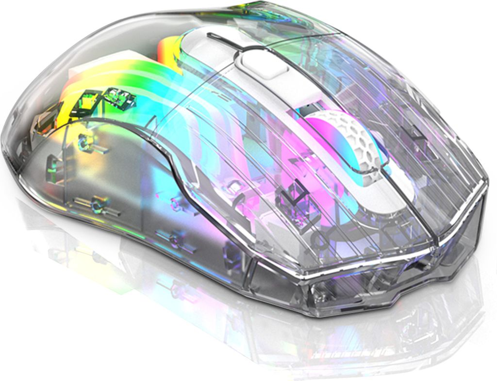 A transparent gaming mouse with RGB lighting is shown against a white background.