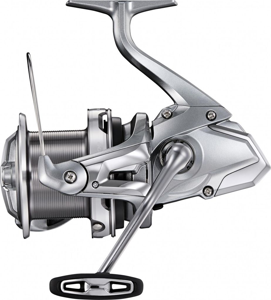 A silver fishing reel is shown against a white background.