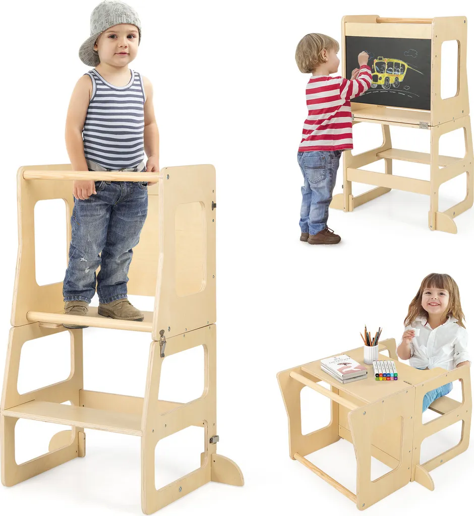 Tour debout 3 en 1 pliable avec tableau noir pour enfant - Bois Naturel