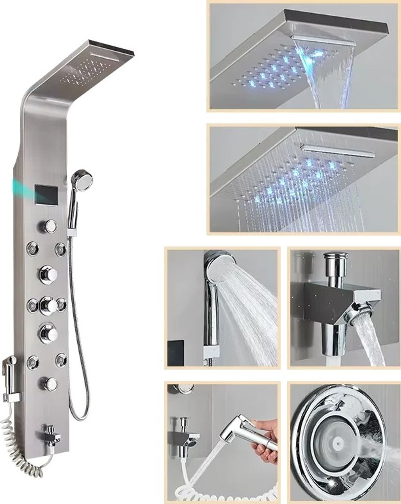 Luxus-Duschpaneel, Regen- und Wasserfallfunktion, Temperaturanzeige, Gebürstetes Nickel 8009