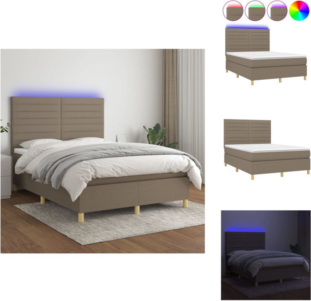 vidaXL Boxspringbett mit Matratze & LED Taupe 140x200 cm Stoff - Betten & Bettgestelle
