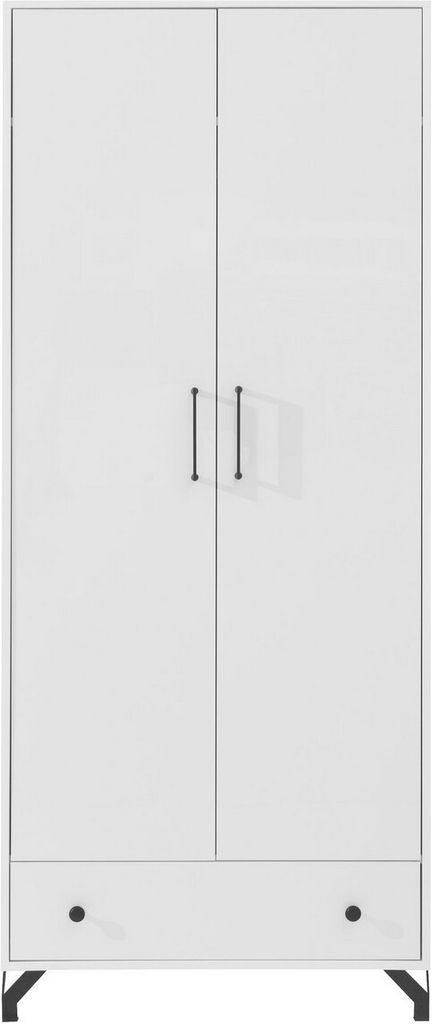 Furniture24 Kleiderschrank Bergen BE2 Schrank 2 Türiger Drehtürenschrank mit Kleiderstange und Schublade Hochganz Weiß