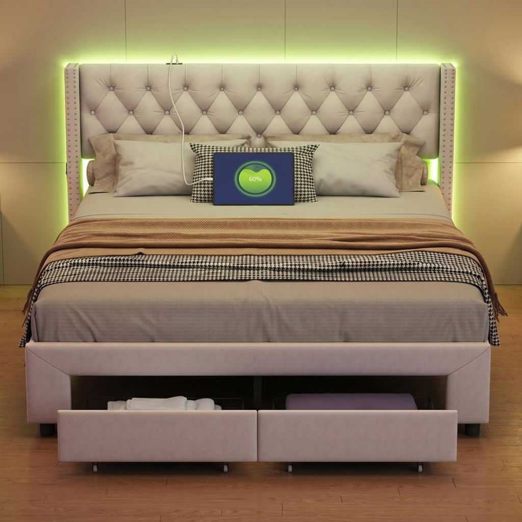 ProximaX Nietenbett 140×190 cm – Samt-Polsterbett mit LED- und USB-Kopfteil, Seitentaschen – Schublade am Fußteil – Ideal für Schlafzimmer...