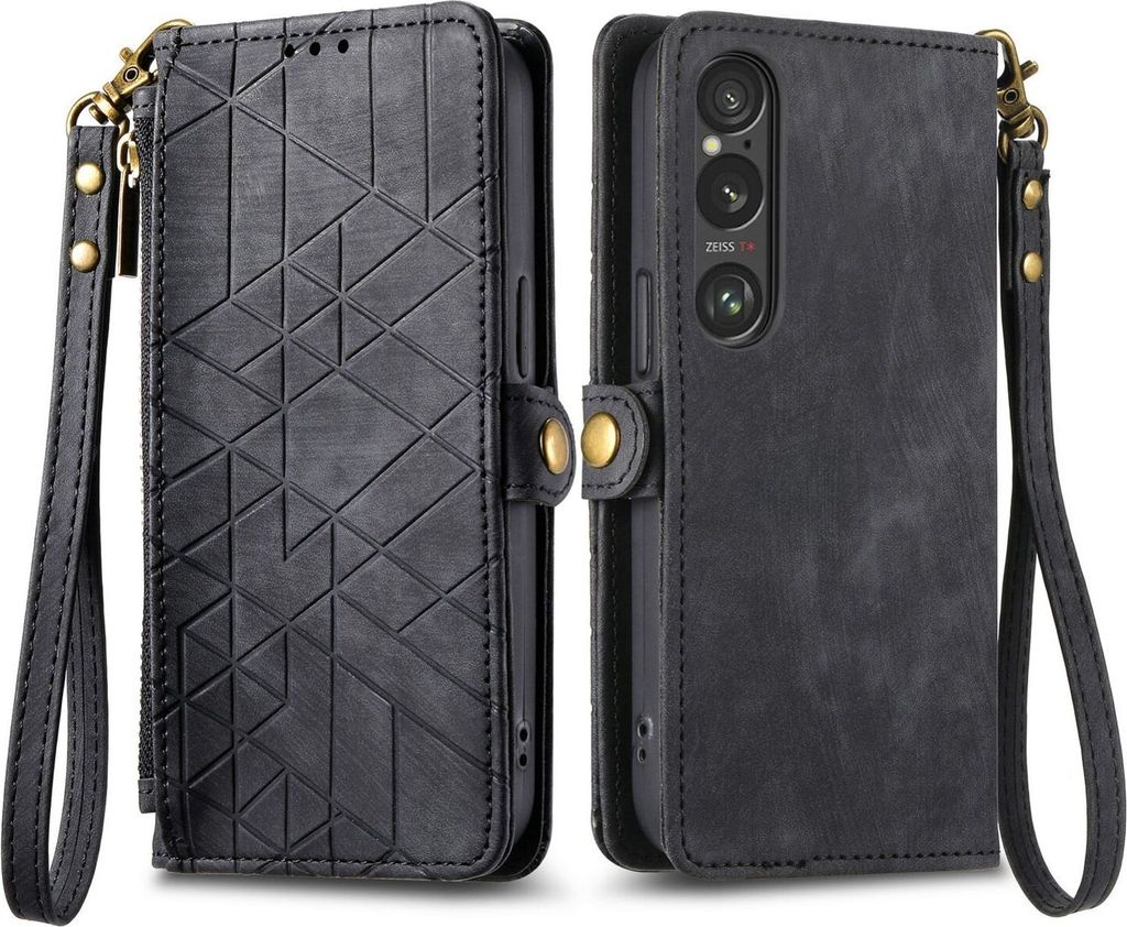 Für Sony Xperia 10 VI 6. Gen Kunstleder Zipper Wallet Tasche mit Schlaufe Schutz Hülle Case Cover Schwarz