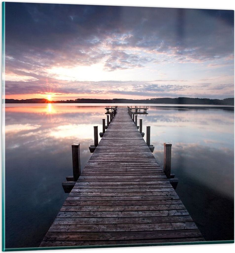 Bilder auf glas - Fußgängerbrücke See Sonnenuntergang Abend - 30x30cm - Glasbilder - Wandbilder - Kunstdruck - Wanddekoration aus Glas - Glas Bi...