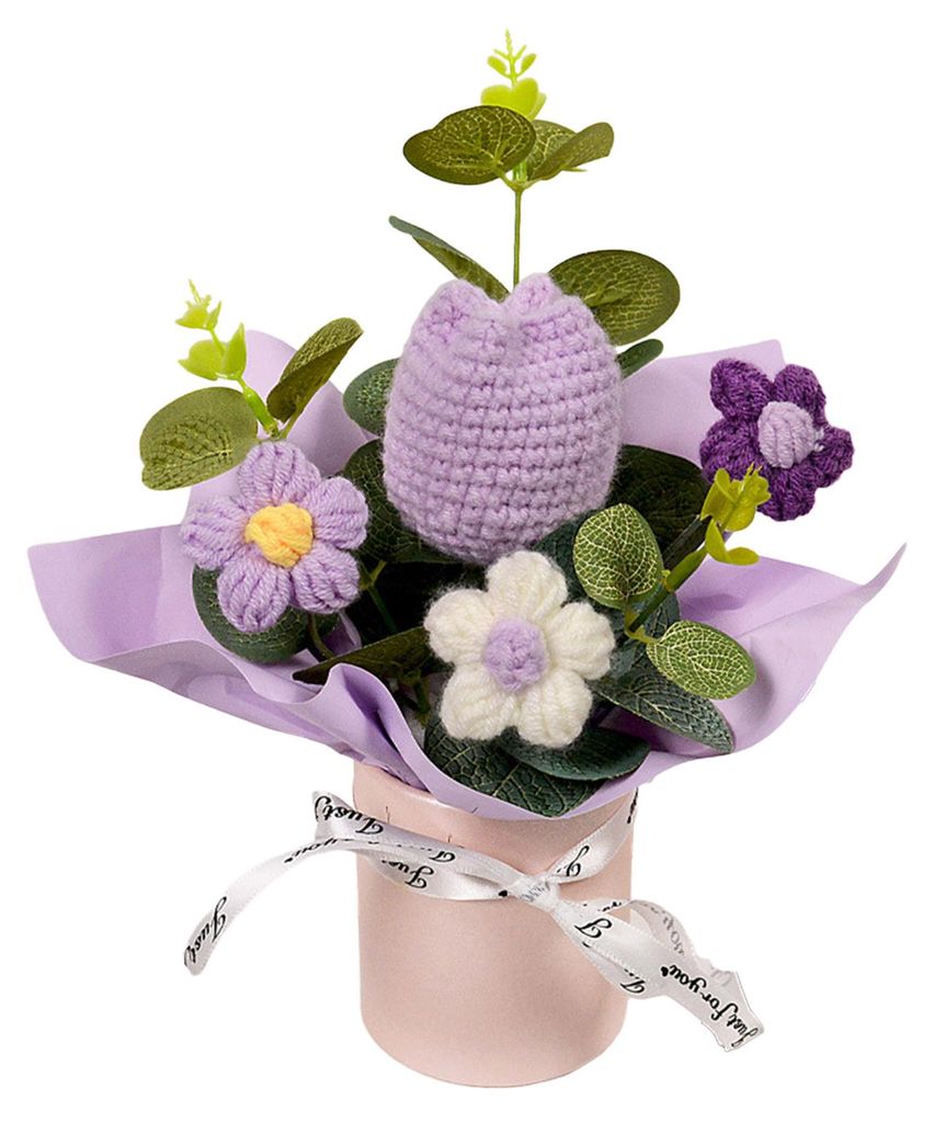 Handgehäkelter Blumenstrauß, handgefertigt, künstlich gestrickt, mit Sonnenblumen, Nelken, Tulpen und Pusteblumen – ein Geschenk für Mutter u...
