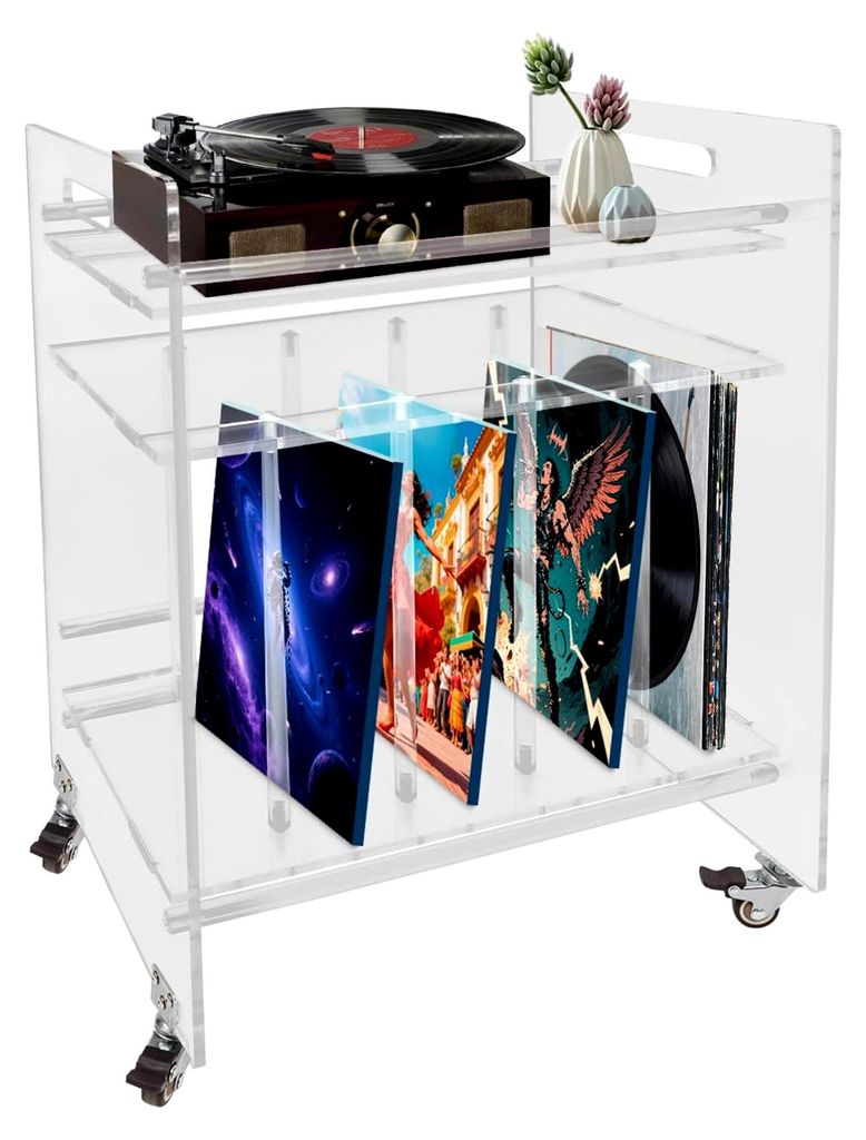 Acryl Beistelltisch mit Rollen – Schallplattenständer und Plattenspieler Regal – Moderner Stand für Plattenspieler im Wohnzimmer – 3-Etagen...