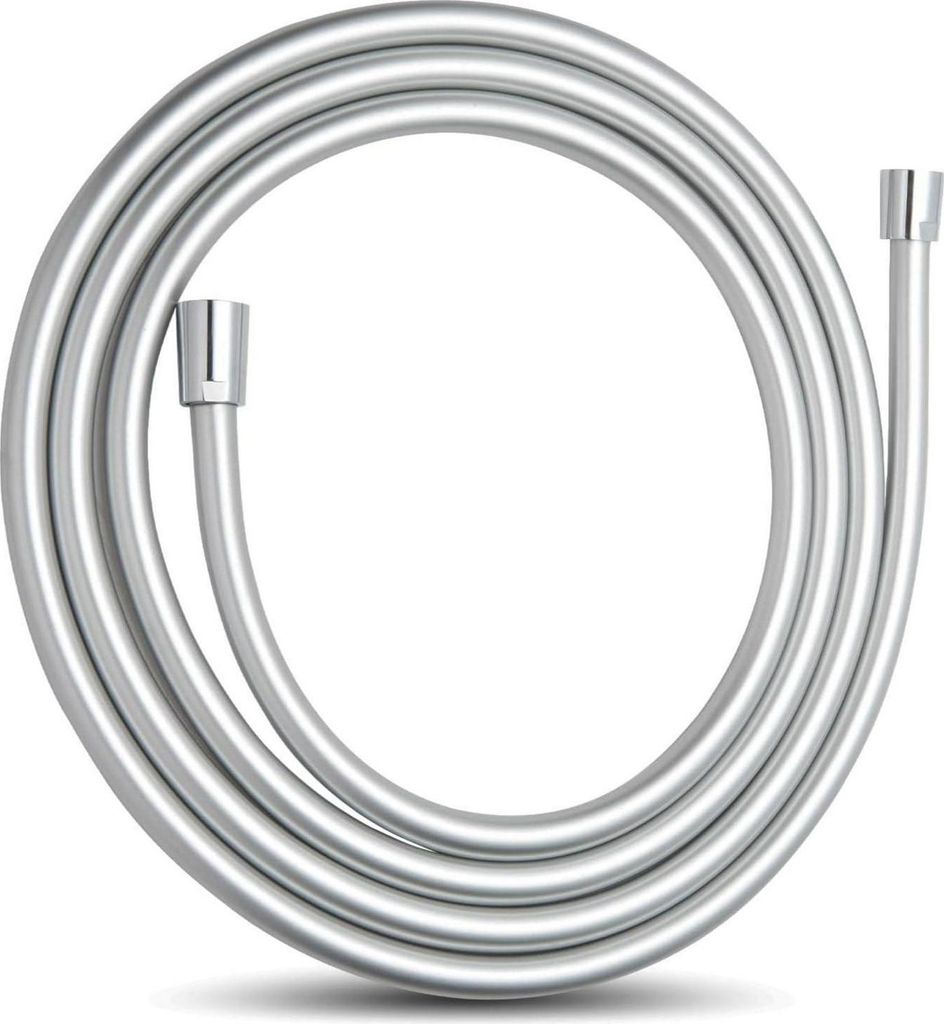 A silver shower hose coiled on a white background.
