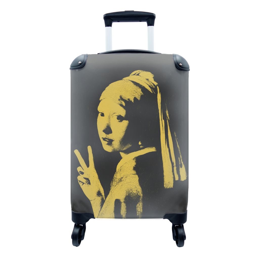 MuchoWow Koffer Handgepäck Trolley Rollkoffer Kleine Reisekoffer mit 4 Rollen - Mädchen mit Perlenohrring - Vermeer - Schwarz - Gelb - Cabin Si...