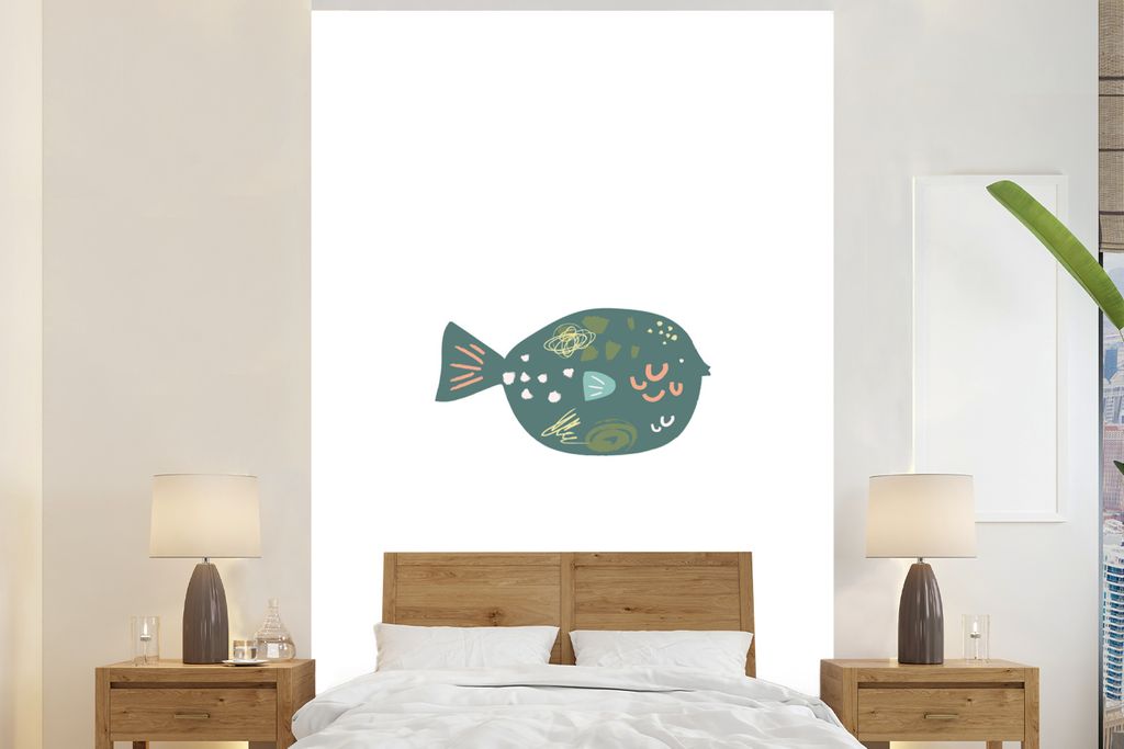 MuchoWow Fototapete für Wohnzimmer oder Schlafzimmer Wandtapete Vinyl Motivtapete Pastell - Grün - Fisch - 225x350 cm - Schlafzimmer tapete