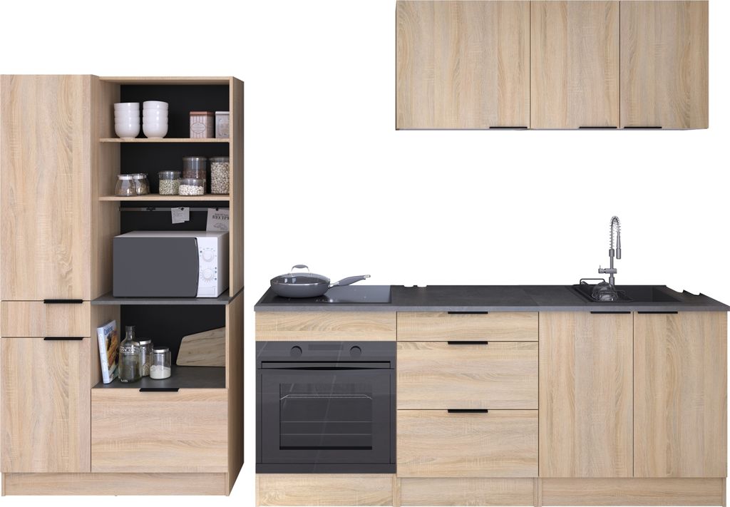 Miniküche >Fumay 21< (6-teilig) in Eiche Nachbildung, Beton Optik dunkel, Breite 200cm