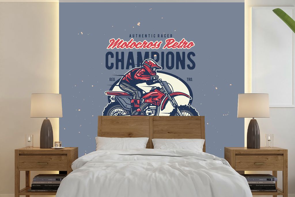 MuchoWow Fototapete für Wohnzimmer oder Schlafzimmer Wandtapete Vinyl Motivtapete Mancave - Sport - Motocross - Retro - 220x220 cm - Tapeten