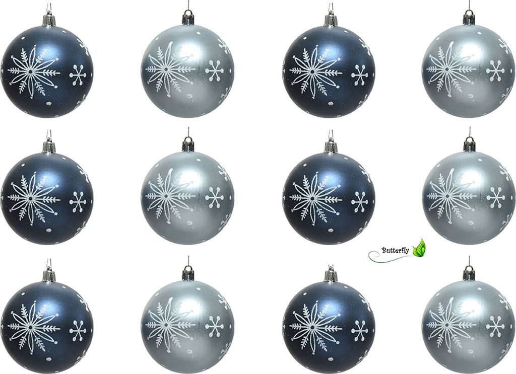 Weihnachtskugeln Kunststoff Muster Schneeflocken 8cm blau Mix, 12 Set