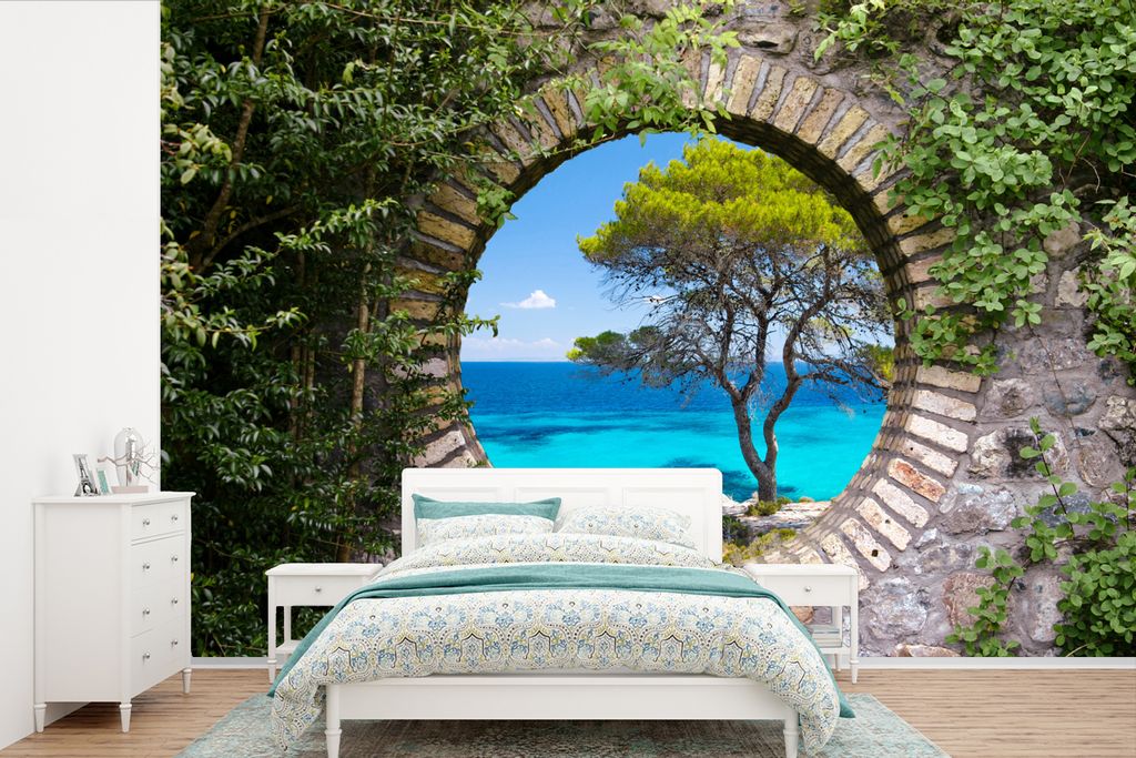 MuchoWow Fototapete für Wohnzimmer oder Schlafzimmer Wandtapete Vinyl Motivtapete Meer - Baum - Tropisch - Ausblick - 600x400 cm - Vinyltapeten