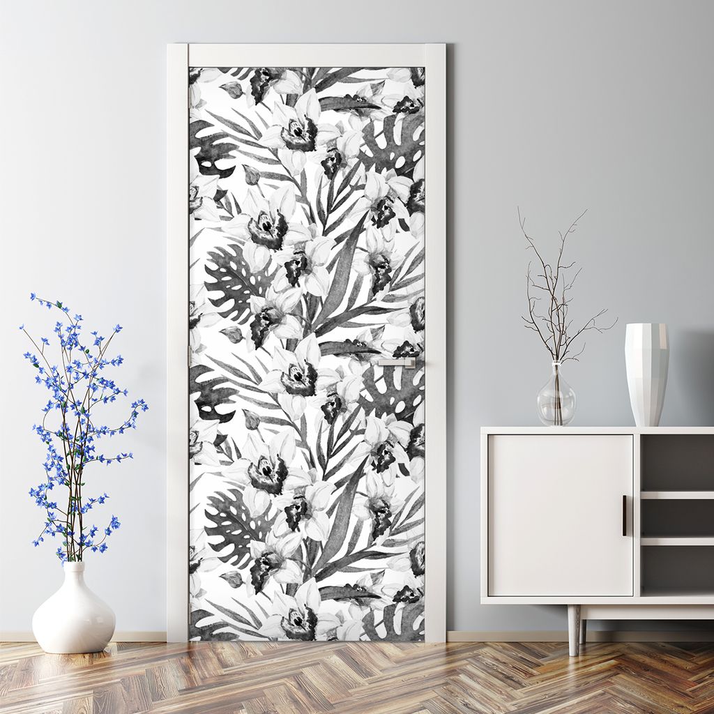 Dekorative Türtapete Türposter selbstklebend Klebefolie Fensterblätter und Orchideen Grau 85 x 200 cm