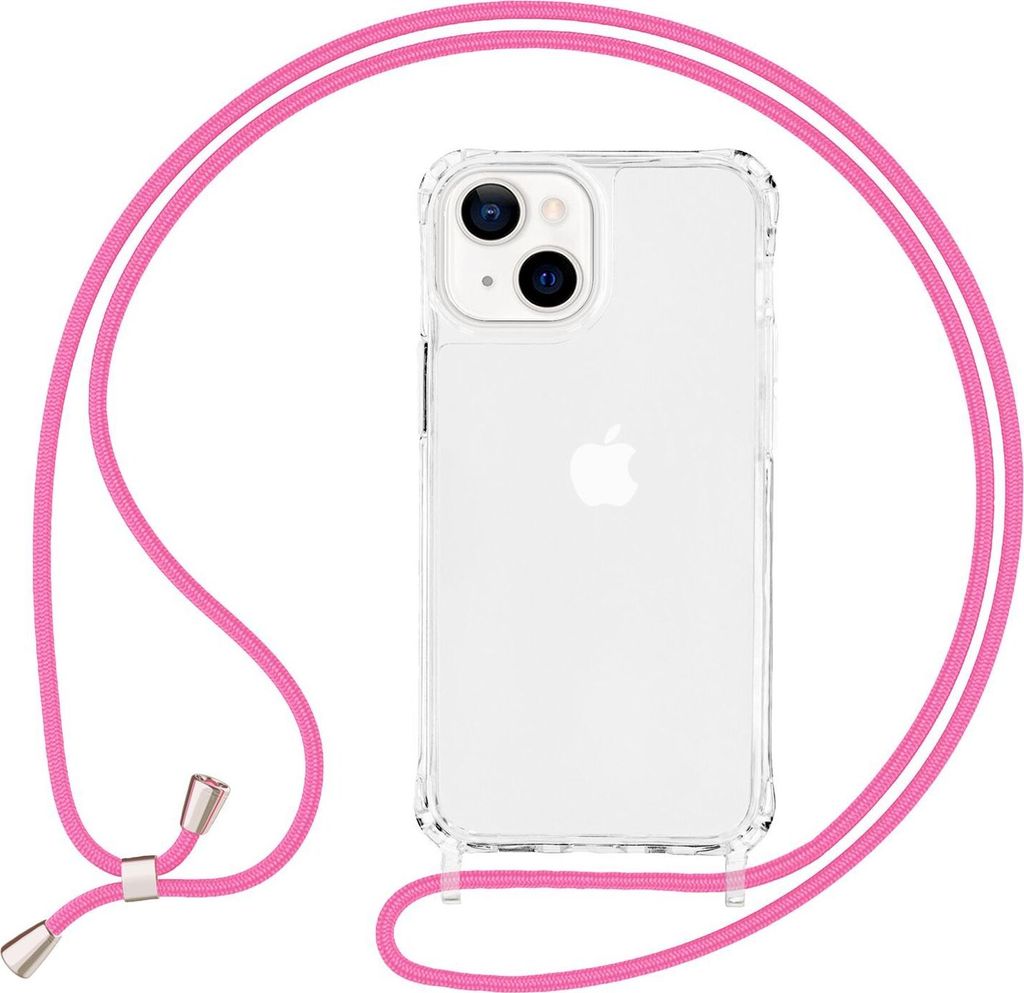 NALIA Klares Hybrid Case mit Kette für iPhone 13, Transparentes Hardcase & Silikon Rahmen, Schutzhülle & Handy-Schnur Pink