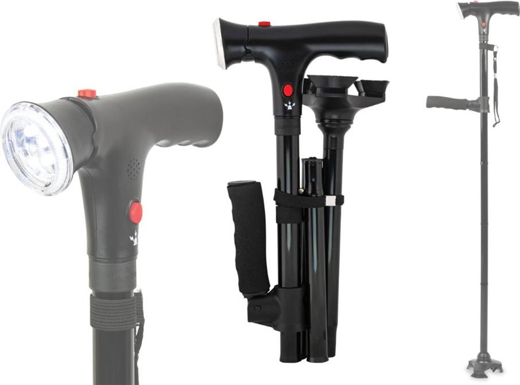 Three views of a foldable walking cane with a built-in light.