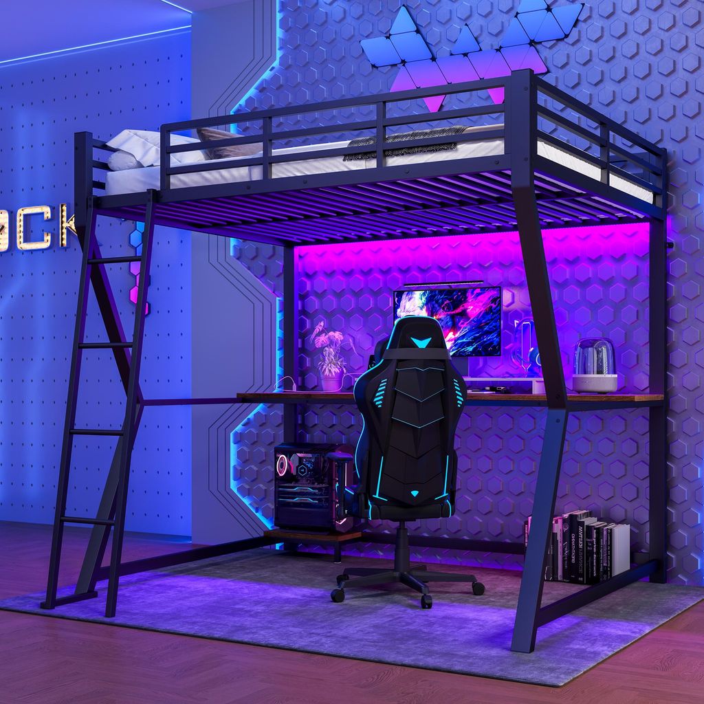 Merax Etagenbett Stockbett 140x200cm, Kinderbett, mit LED-Leiste, Schreibtisch, Computerablage, Steckdose+USB, Hochbett, Eisenbett Jugendbett, Schwarz