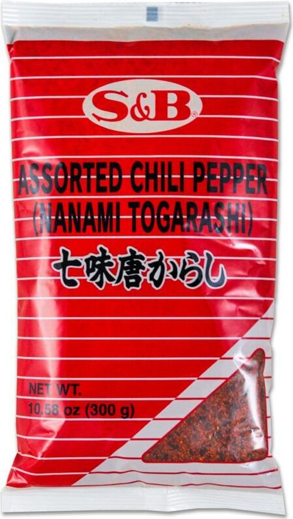 A bag of S&B Assorted Chili Pepper (Nanami Togarashi) spice blend.