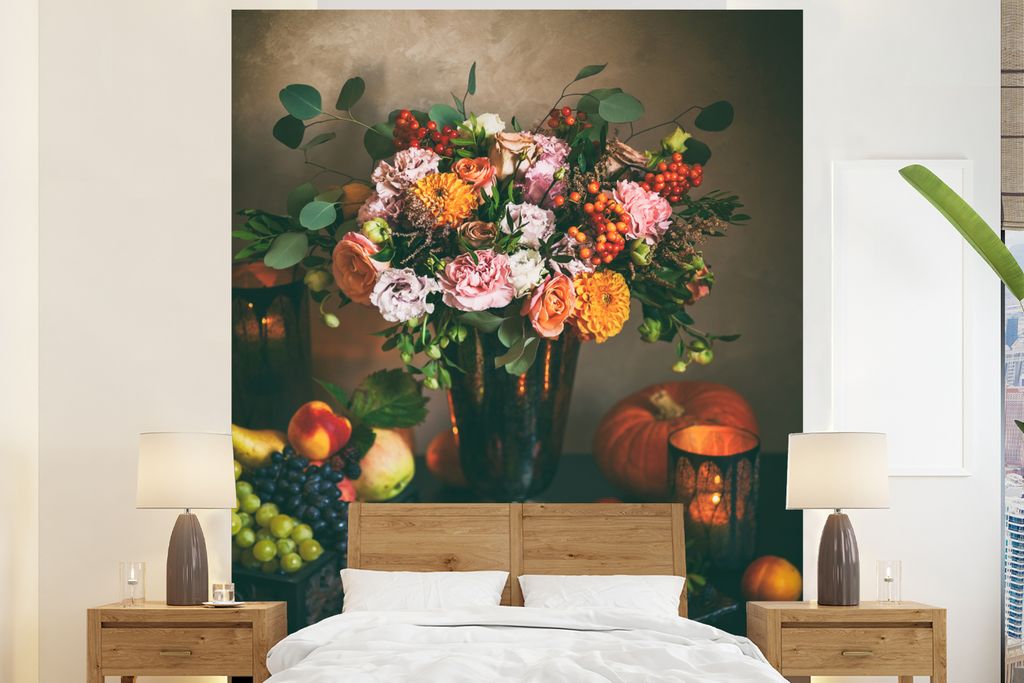 MuchoWow Fototapete für Wohnzimmer oder Schlafzimmer Wandtapete Vinyl Motivtapete Vintage - Blumen - Kerzen - 225x280 cm - Wohnzimmer tapete