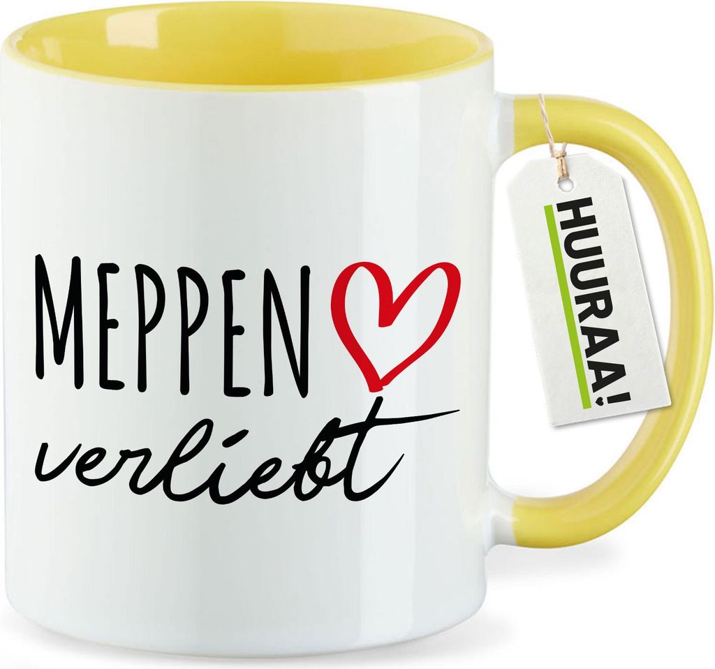 Huuraa Kaffeetasse Meppen verliebt 330ml Gelb Keramik Kaffeebecher Geschenkidee