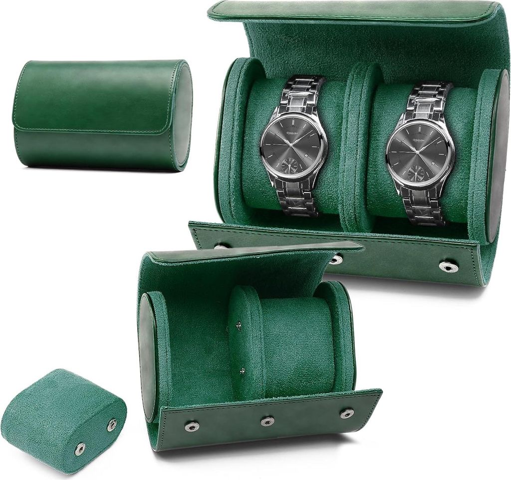 Elegante Uhrenbox - 2 Uhren - für Reisen - grün - Kunstleder