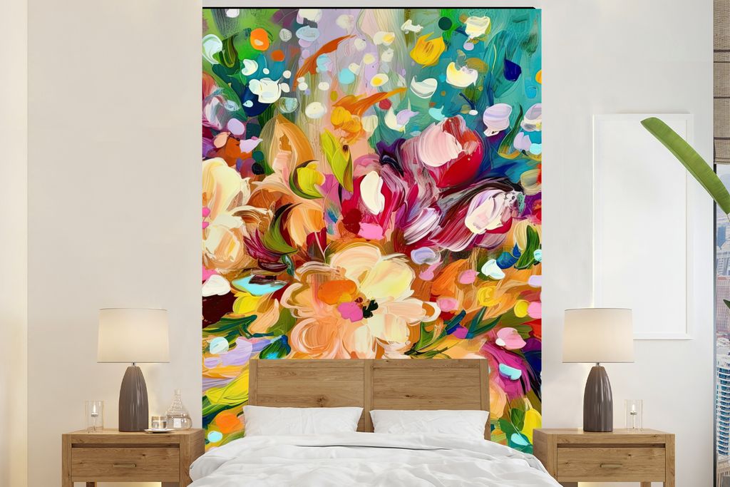 MuchoWow Fototapete für Wohnzimmer oder Schlafzimmer Wandtapete Vinyl Motivtapete Gemälde - Ölfarbe - Blumen - Regenbogen - 155x240 cm - Tapete