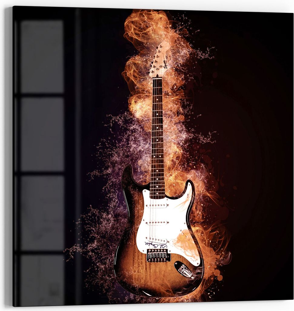 DEQORI Glasbild Echtglas 30x30 cm 'Brennende E-Gitarre' Wandbild Bild modern Deko