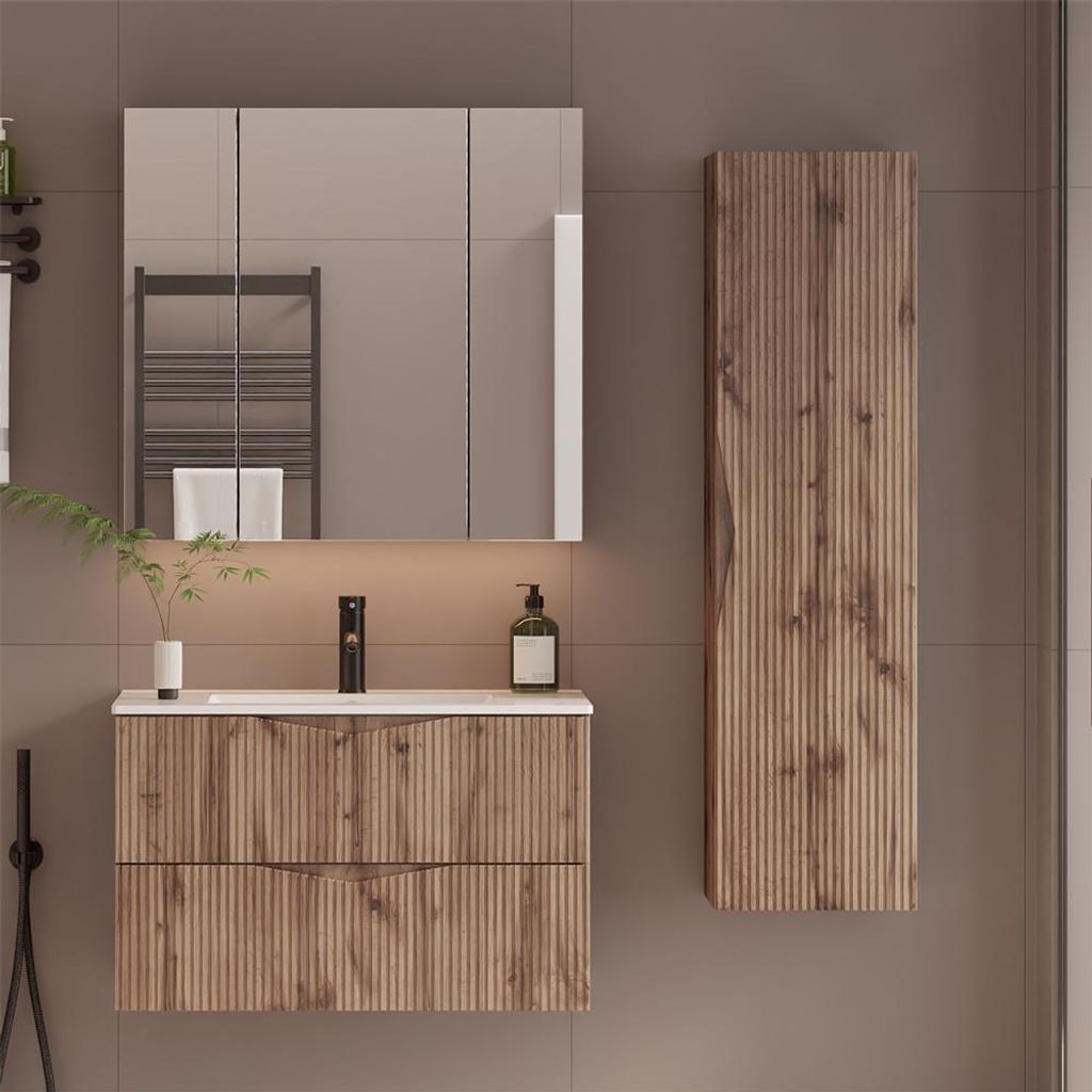 Badmöbel-Set 3-teilig mit 80 cm Waschtisch & Spiegelschrank in Eiche mit gerillter Front - CALURI-140