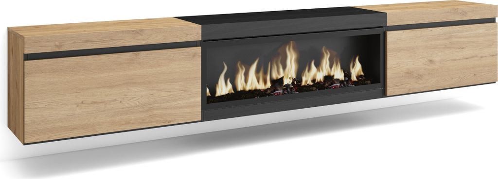 A modern, wall-mounted TV cabinet with a built-in electric fireplace.