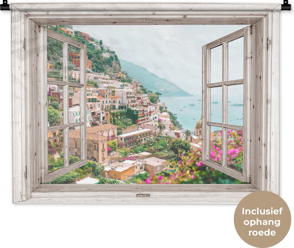 MuchoWow Wandteppich Wandbehang Ausblick - Italien - Blumen - Meer - Küste - Stadt - Berge 90x67.5 cm Tapisserie Dekoration Wandtuch - Fototeppi...