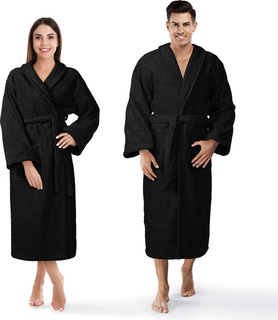 A man and a woman are shown wearing black bathrobes.