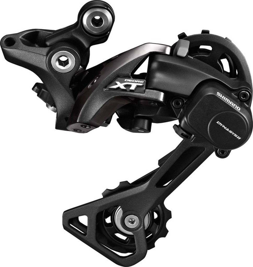 A close-up studio shot of a bicycle rear derailleur.