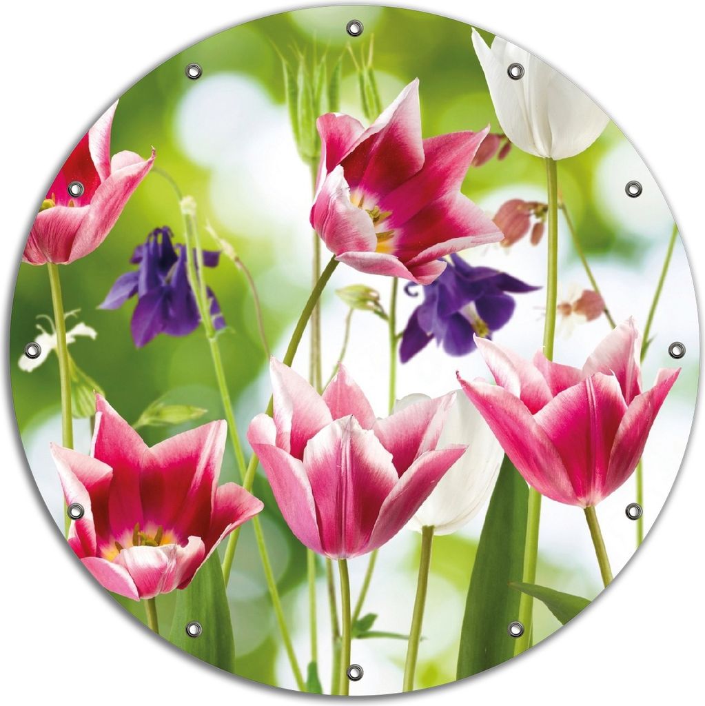 Wallario rundes Outdoor-Poster für Garten oder Balkon, Motiv Blühende Blumen im Frühling in pink und weiß, 90 cm Durchmesser